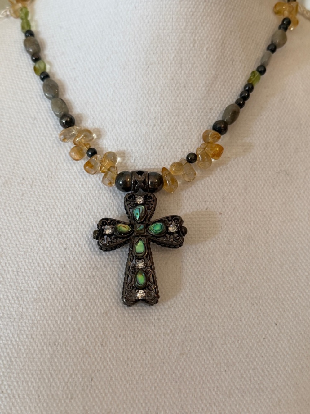 Sterling Silver 925 FAS Genuine Stone Cross Pendant Multi Color Necklace 18"